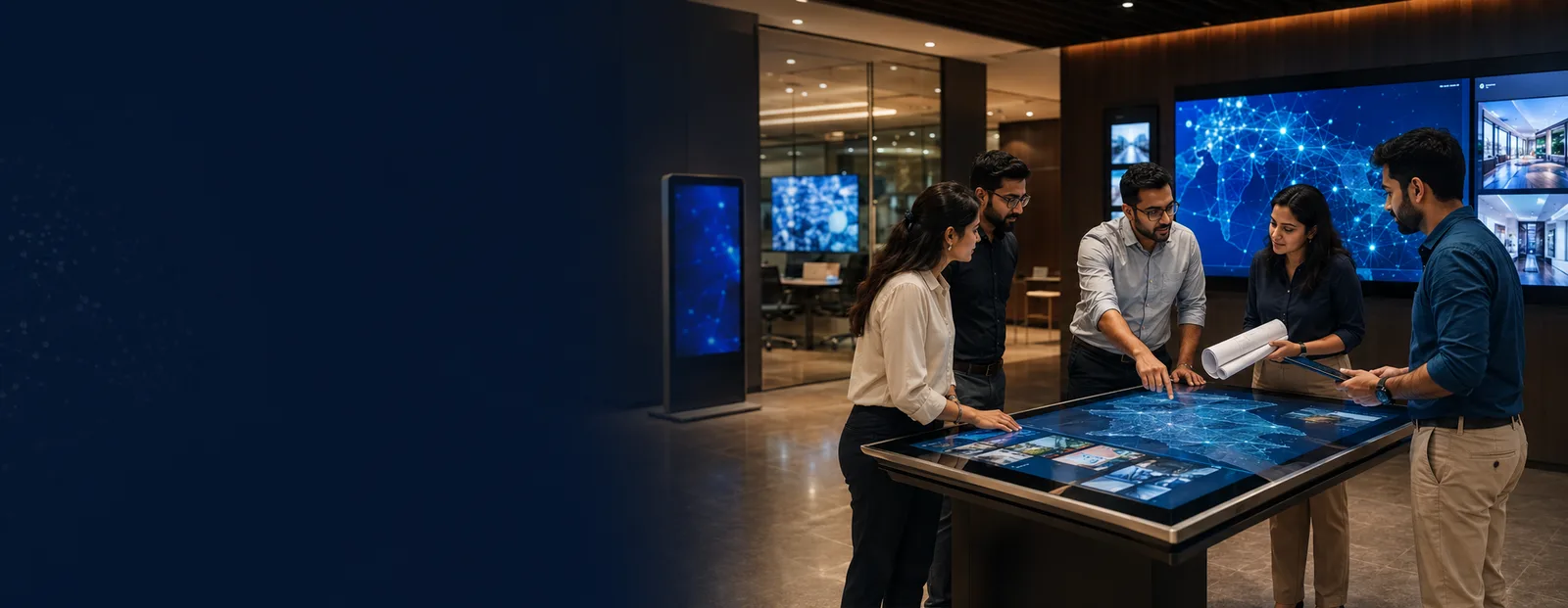 People collaborating around an interactive touch table