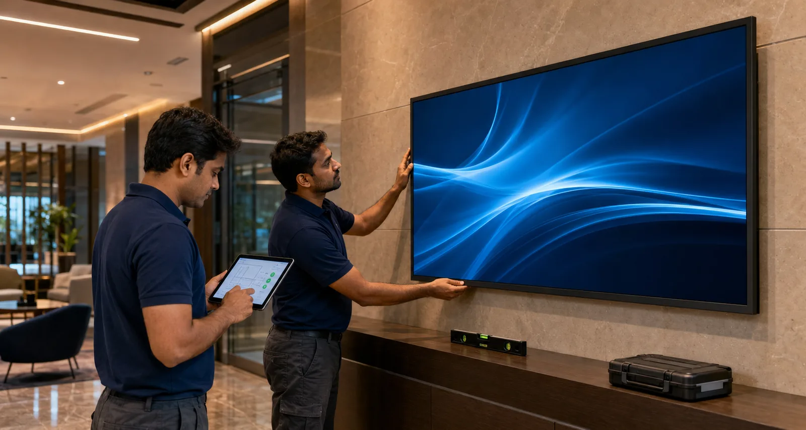 Technicians installing a large display